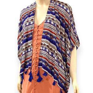 Multicolor Tribal Striped Tassel Trim Mid-Length Kimono Cardigan NEW